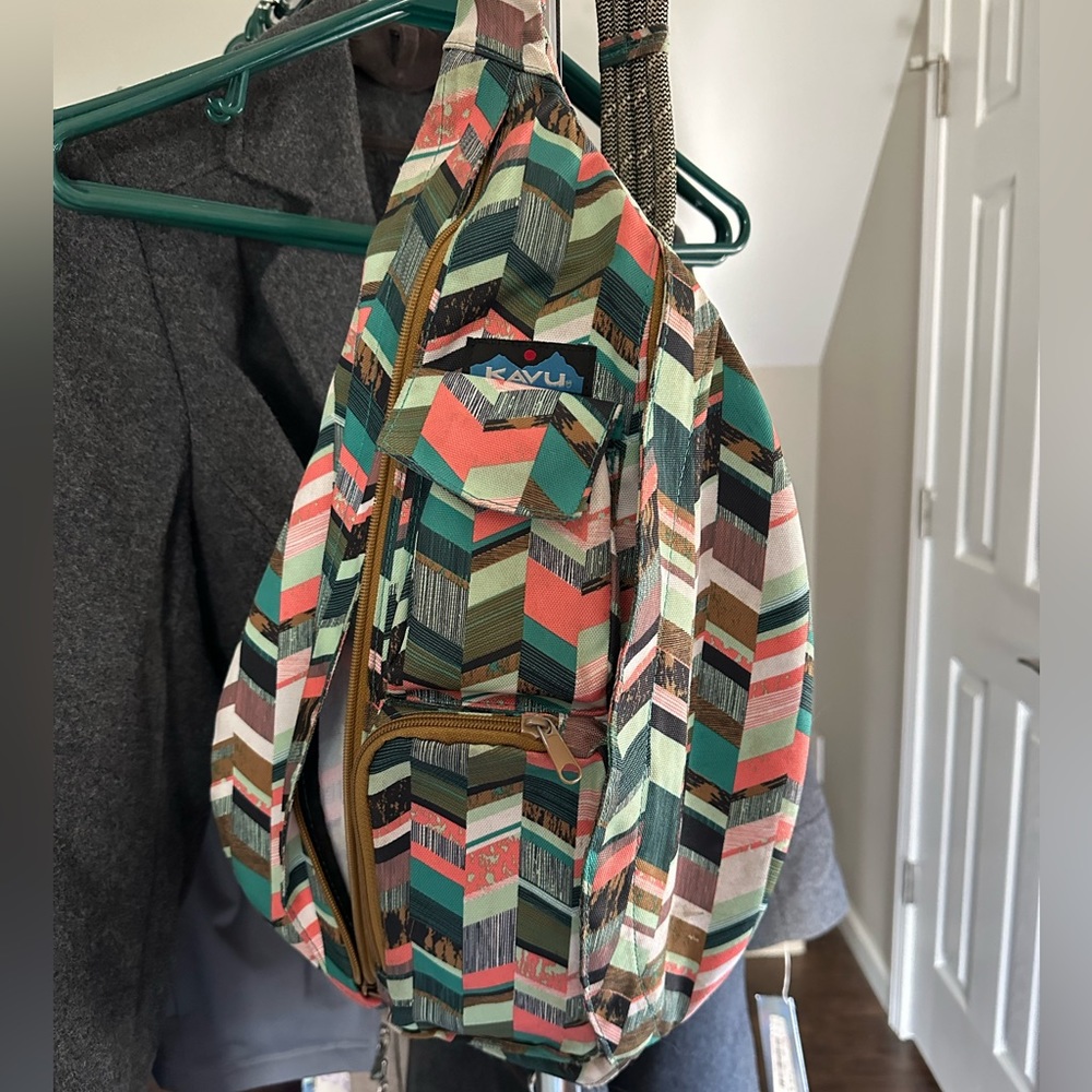 Kavu sling bag, salmon teal block design, good condition